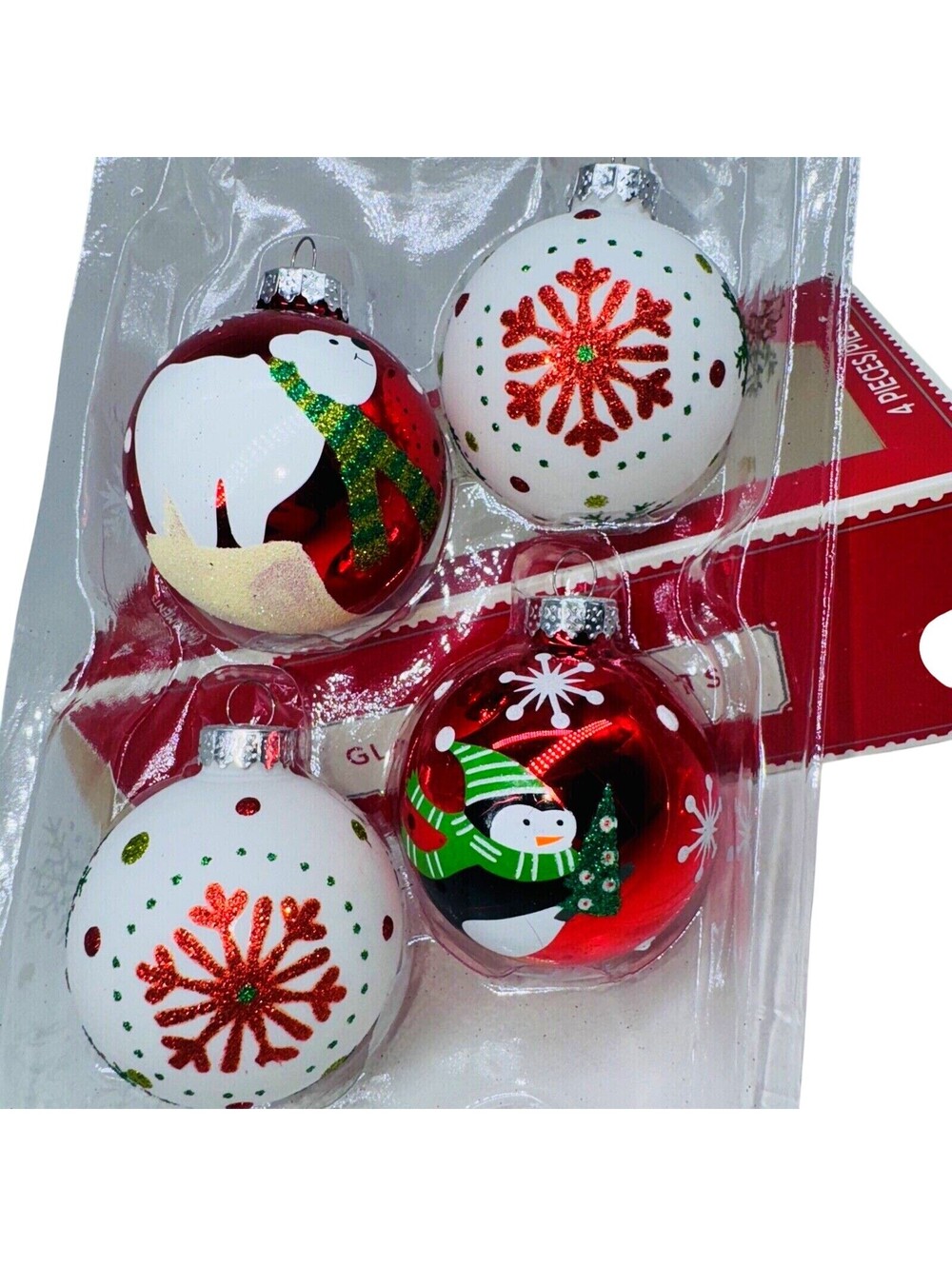 Glass Ball Christmas Tree Ornaments 3" Penguin Polar Bear Snowflake Kitschy SET